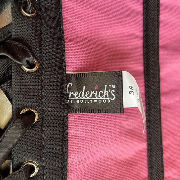 Frederick's of Hollywood Pink Satin Halter Neck Lace Up Corset with Black Lace - Picture 7 of 9